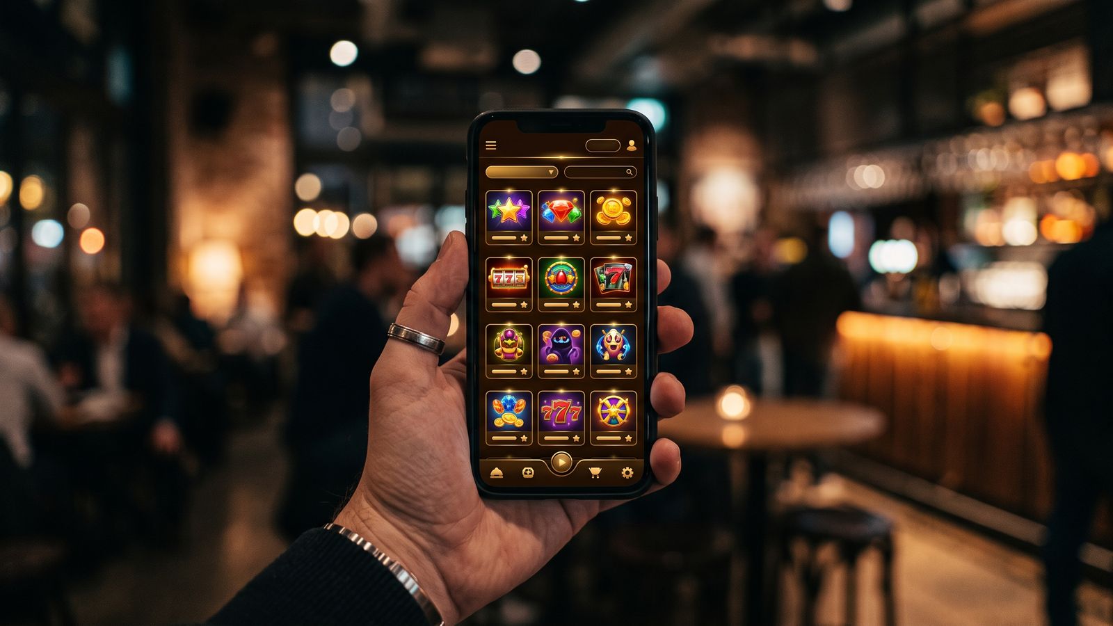 Smartphone displaying Golden Lady Casino lobby with slot game thumbnails on screen